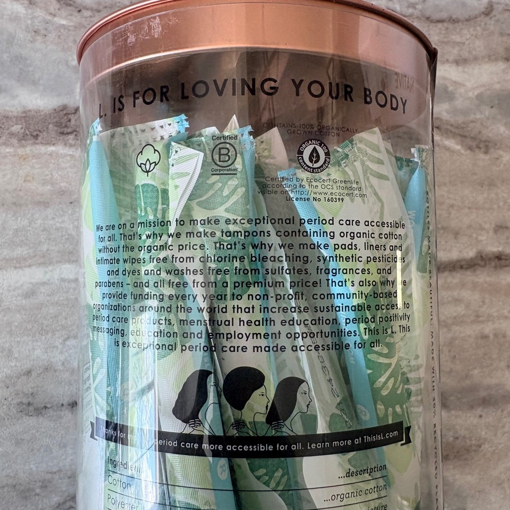 L. 100% Organic Cotton Core Tampons Regular Absorbency 30 Count BPA-Free Plastic - Picture 6 of 9
